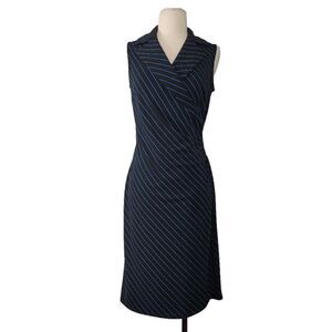 Vtg 90s Y2K Express Striped Faux Wrap Sheath Dress Sz 7/8 Black‎ Teal Ruched